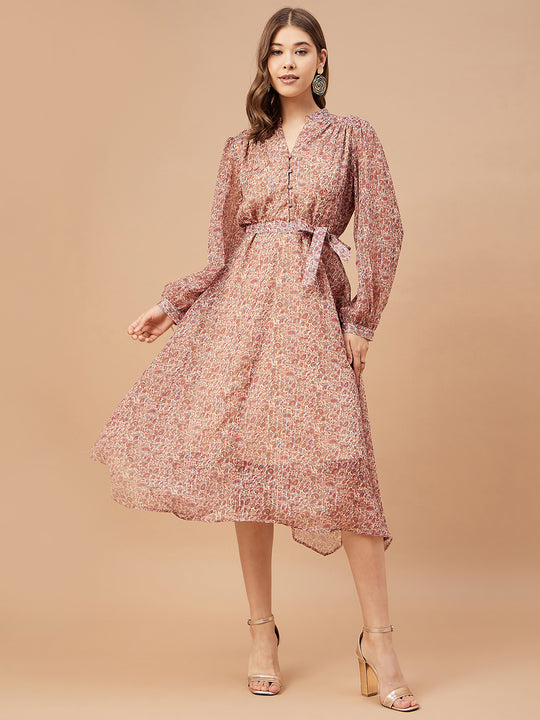 Gipsy Women Beige Print Chiffon Bishop Sleeve V Neck Dress