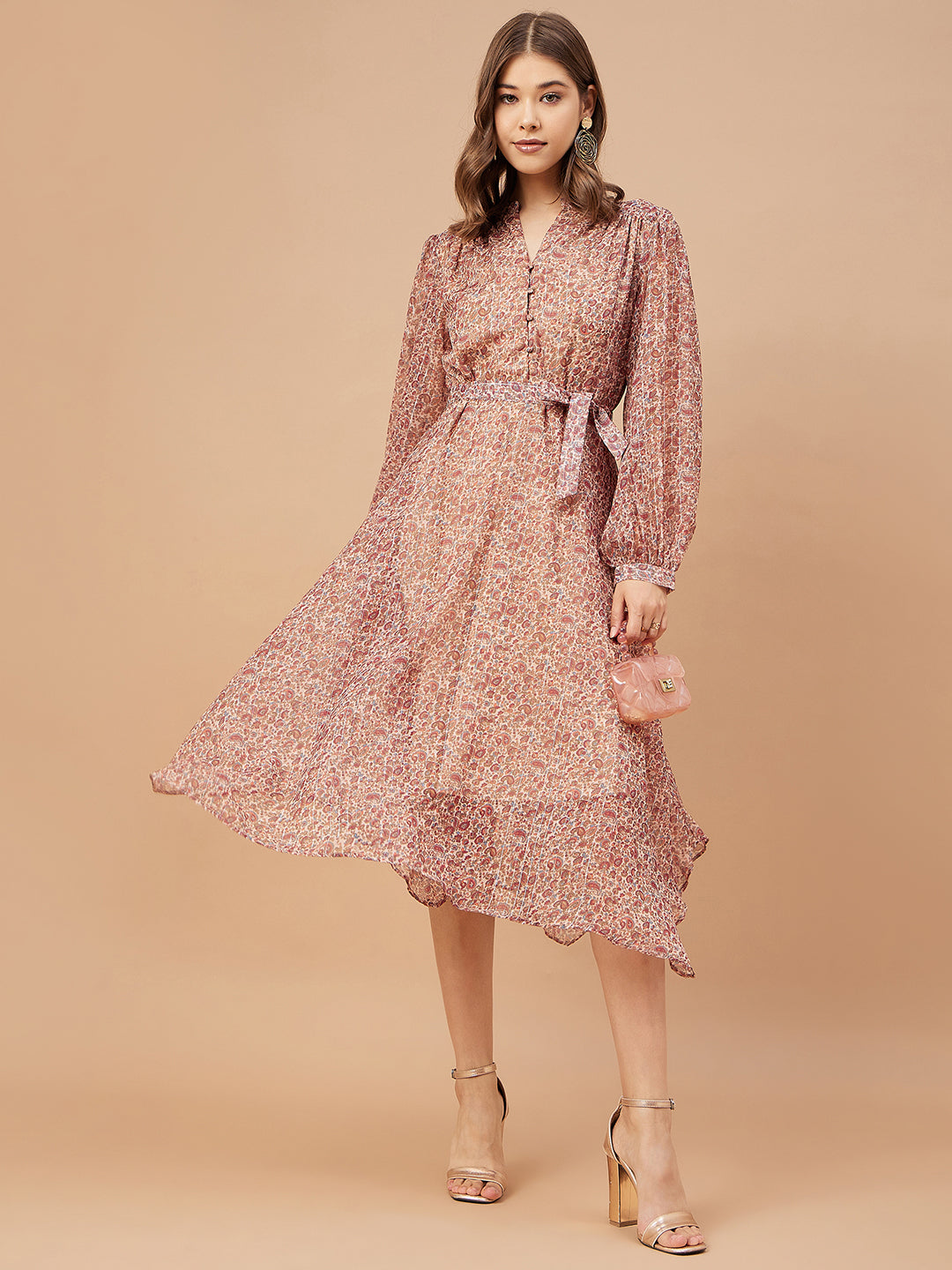 Gipsy Women Beige Print Chiffon Bishop Sleeve V Neck Dress