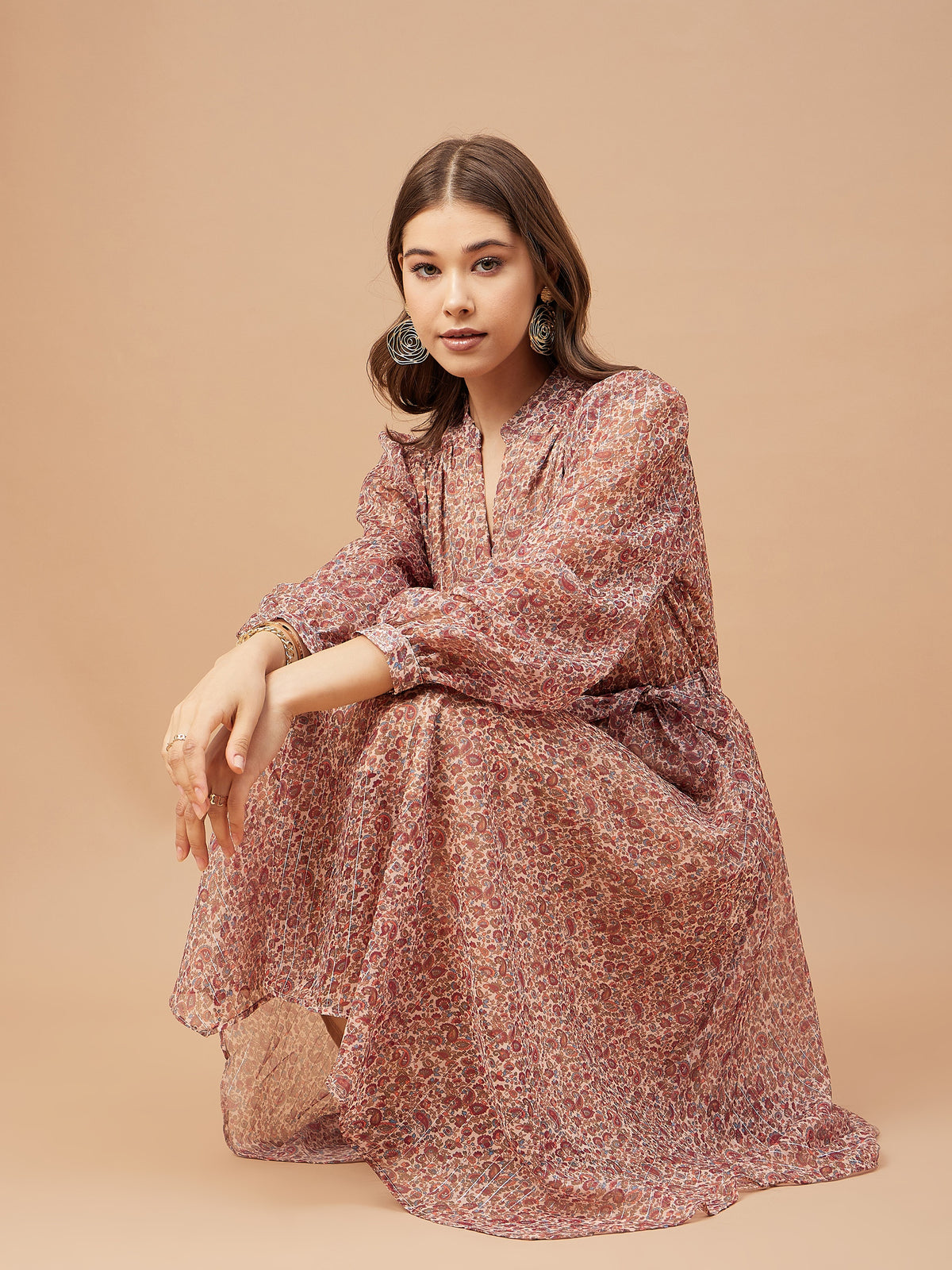Gipsy Women Beige Print Chiffon Bishop Sleeve V Neck Dress