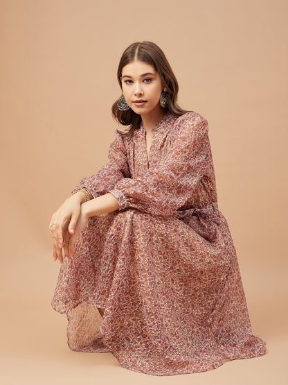 Gipsy Women Beige Print Chiffon Bishop Sleeve V Neck Dress