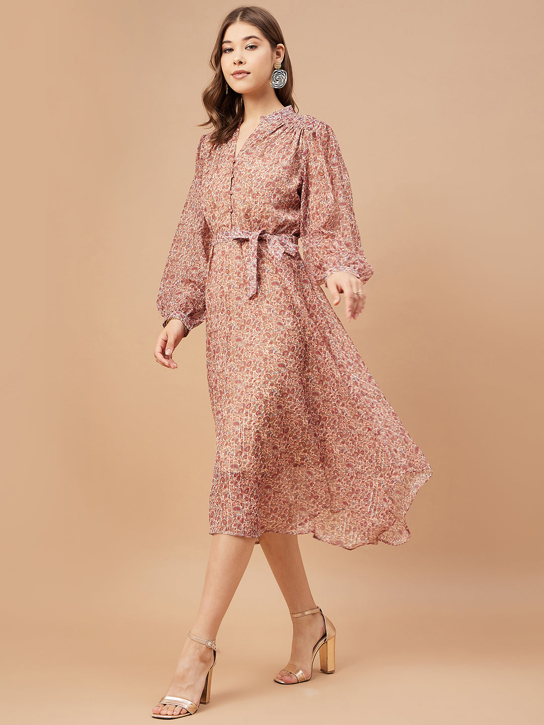 Gipsy Women Beige Print Chiffon Bishop Sleeve V Neck Dress