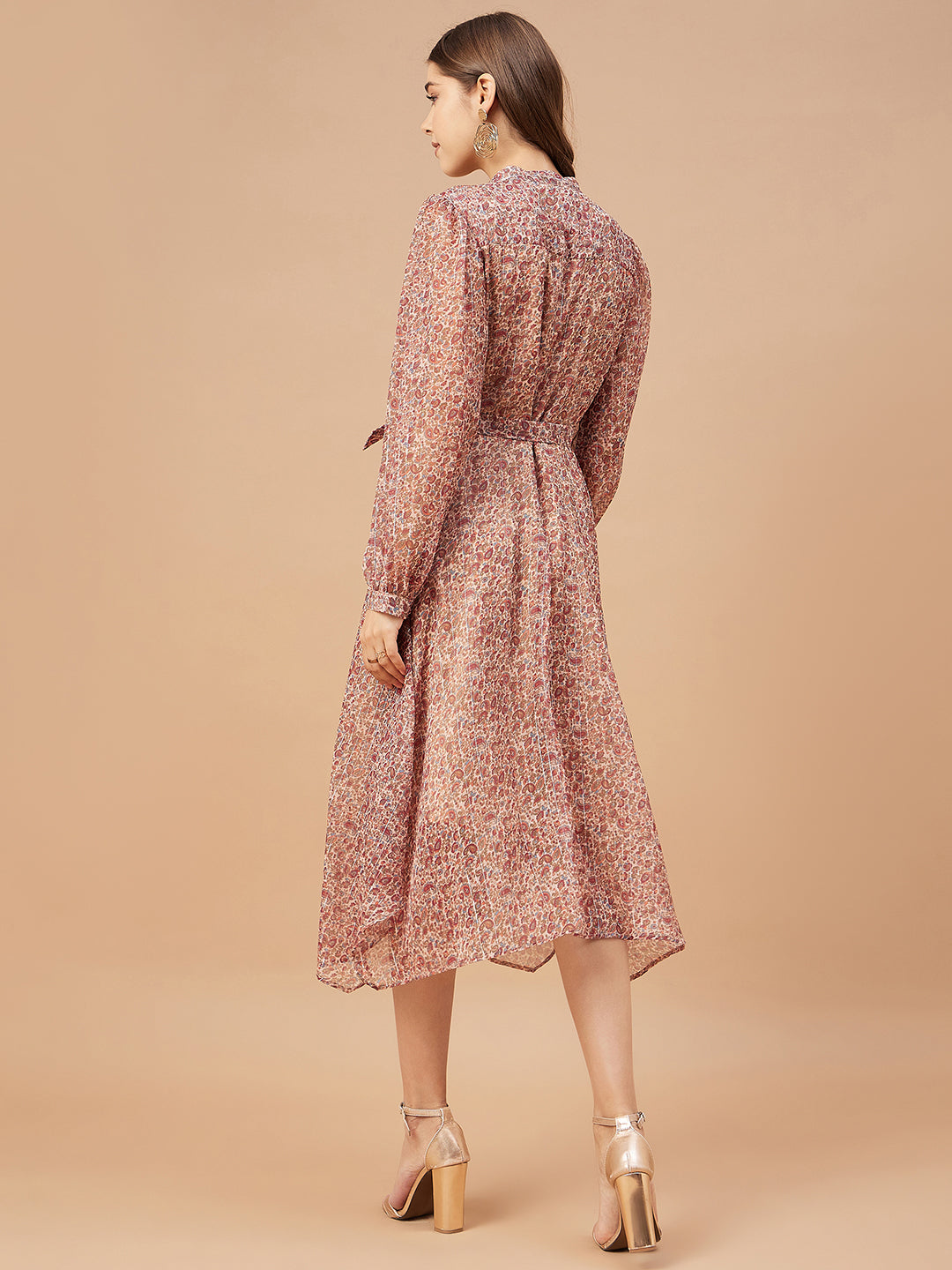 Gipsy Women Beige Print Chiffon Bishop Sleeve V Neck Dress