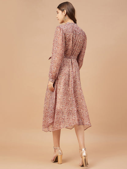 Gipsy Women Beige Print Chiffon Bishop Sleeve V Neck Dress