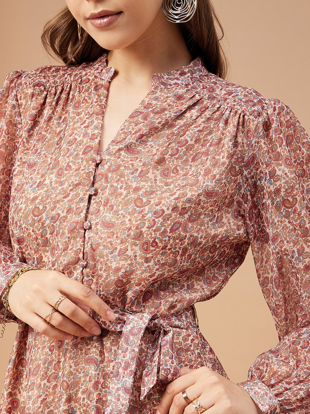 Gipsy Women Beige Print Chiffon Bishop Sleeve V Neck Dress