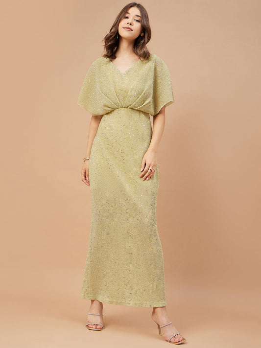 Gipsy Women Beige Solid Polyester Flutter Sleeve V Neck Dress