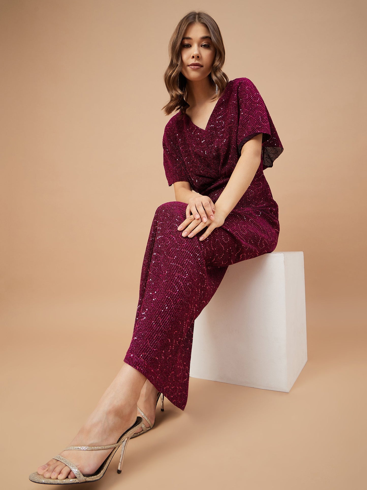 Gipsy Women Fuchsia Solid Polyester Flutter Sleeve V Neck Dress