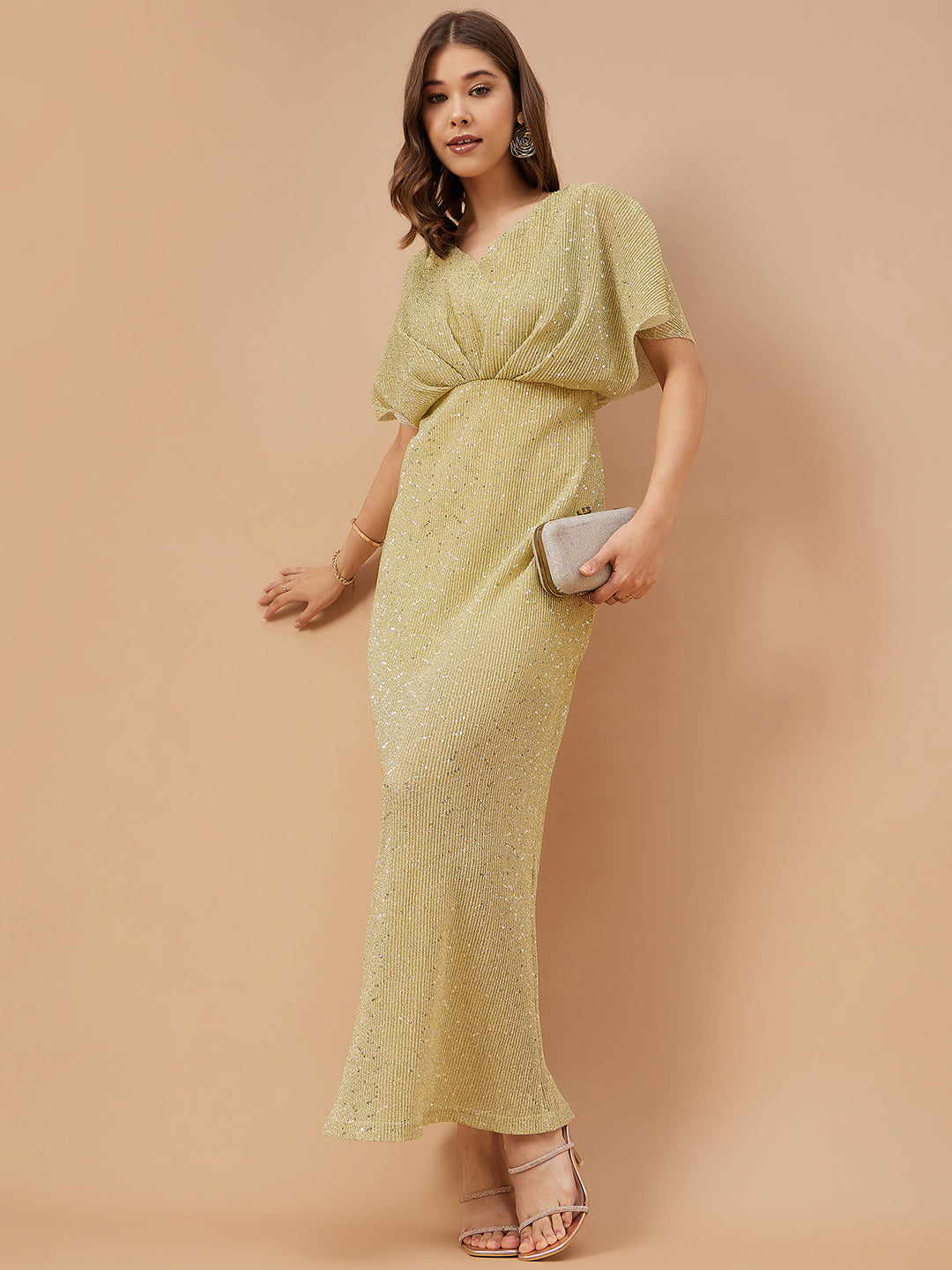 Gipsy Women Beige Solid Polyester Flutter Sleeve V Neck Dress