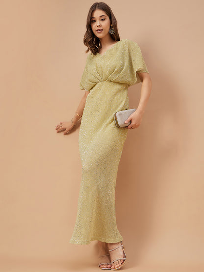Gipsy Women Beige Solid Polyester Flutter Sleeve V Neck Dress
