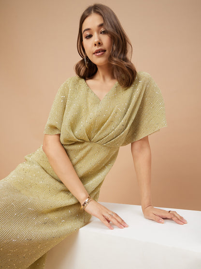 Gipsy Women Beige Solid Polyester Flutter Sleeve V Neck Dress
