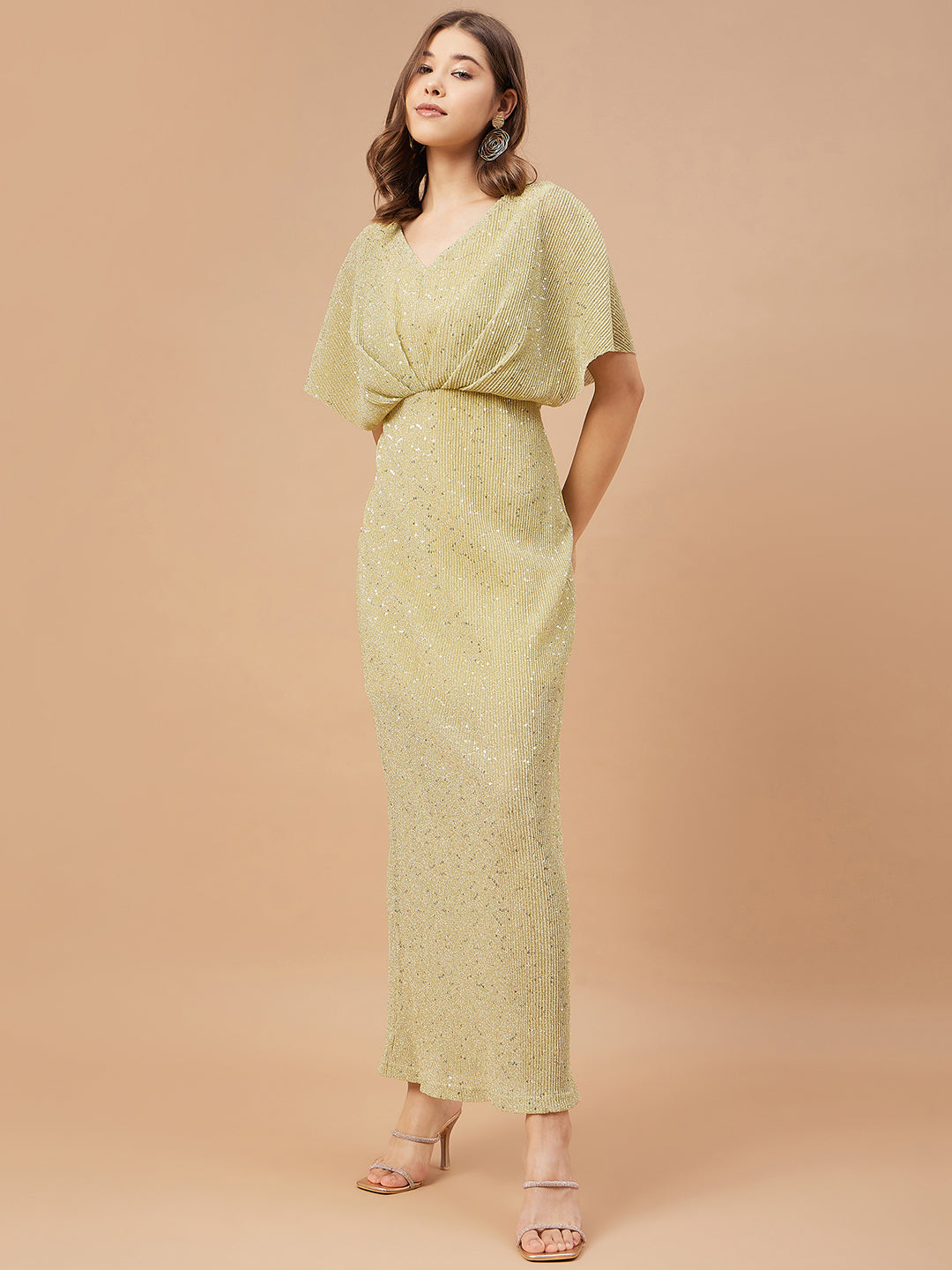 Gipsy Women Beige Solid Polyester Flutter Sleeve V Neck Dress