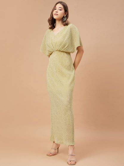Gipsy Women Beige Solid Polyester Flutter Sleeve V Neck Dress