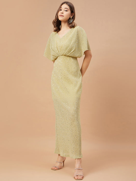 Gipsy Women Beige Solid Polyester Flutter Sleeve V Neck Dress