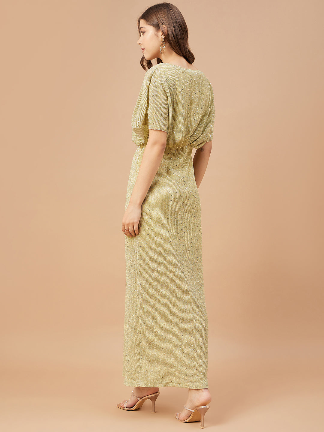 Gipsy Women Beige Solid Polyester Flutter Sleeve V Neck Dress