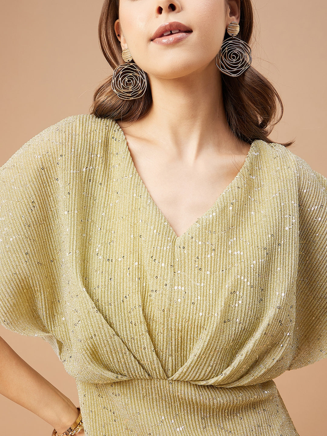 Gipsy Women Beige Solid Polyester Flutter Sleeve V Neck Dress