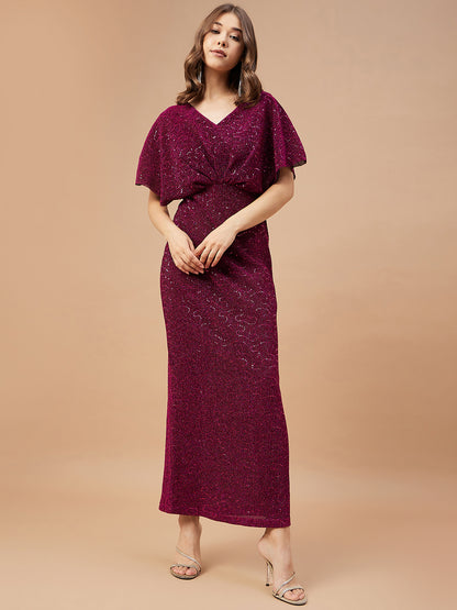 Gipsy Women Fuchsia Solid Polyester Flutter Sleeve V Neck Dress
