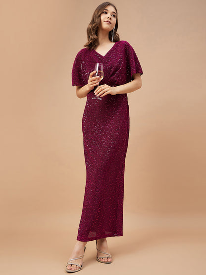Gipsy Women Fuchsia Solid Polyester Flutter Sleeve V Neck Dress