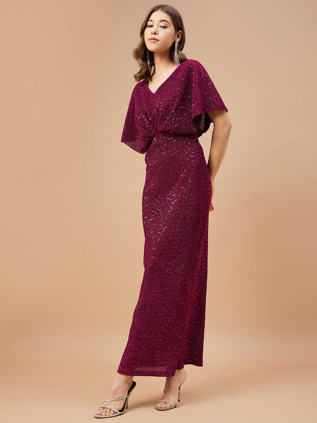 Gipsy Women Fuchsia Solid Polyester Flutter Sleeve V Neck Dress