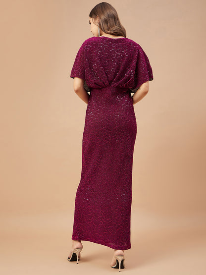 Gipsy Women Fuchsia Solid Polyester Flutter Sleeve V Neck Dress
