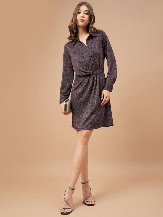 Gipsy Women Dusky Pink Solid Polyester Bishop Sleeve Collar Neck Dress