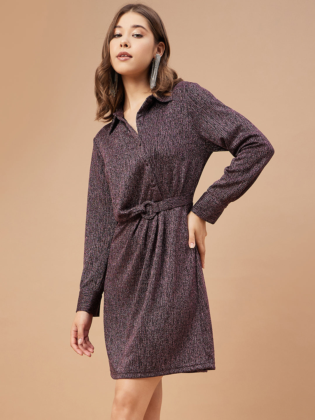 Gipsy Women Dusky Pink Solid Polyester Bishop Sleeve Collar Neck Dress