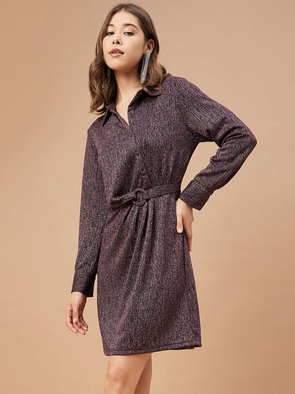 Gipsy Women Dusky Pink Solid Polyester Bishop Sleeve Collar Neck Dress