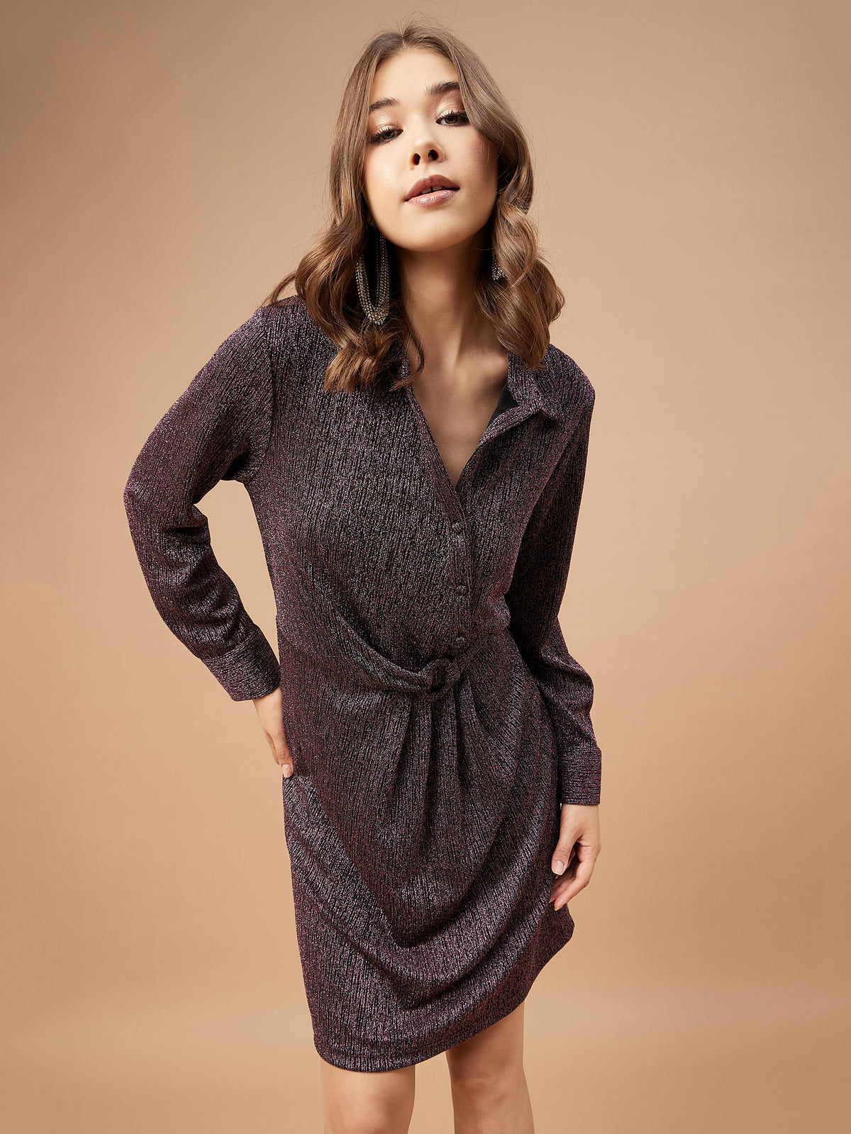 Gipsy Women Dusky Pink Solid Polyester Bishop Sleeve Collar Neck Dress