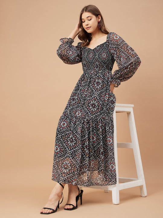 Gipsy Women Black Print Chiffon Bishop Sleeve Sweetheart Neck Dress
