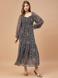 Gipsy Women Black Print Chiffon Bishop Sleeve Sweetheart Neck Dress