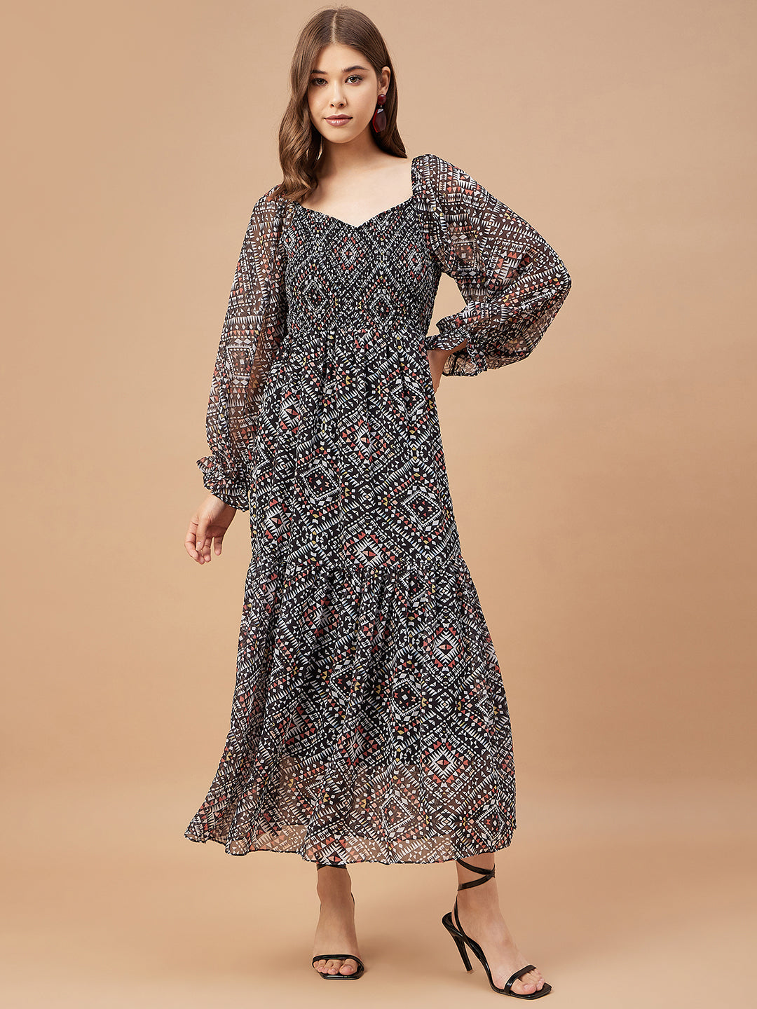 Gipsy Women Black Print Chiffon Bishop Sleeve Sweetheart Neck Dress
