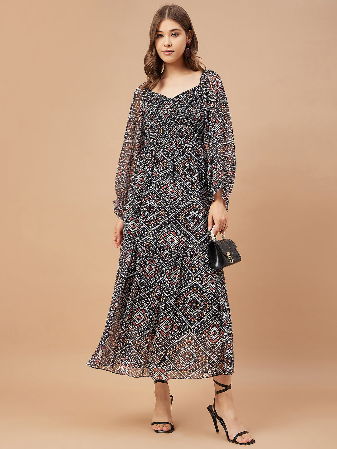 Gipsy Women Black Print Chiffon Bishop Sleeve Sweetheart Neck Dress