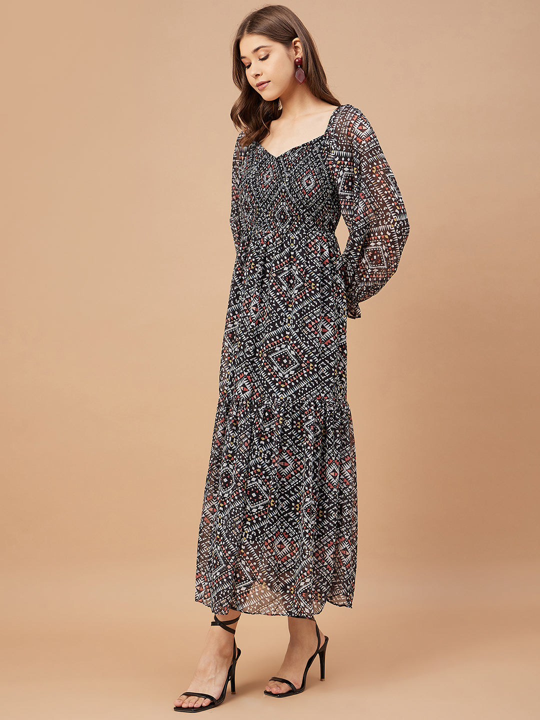 Gipsy Women Black Print Chiffon Bishop Sleeve Sweetheart Neck Dress