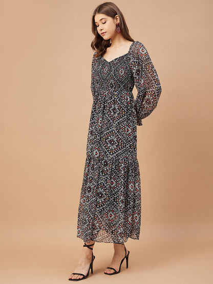 Gipsy Women Black Print Chiffon Bishop Sleeve Sweetheart Neck Dress