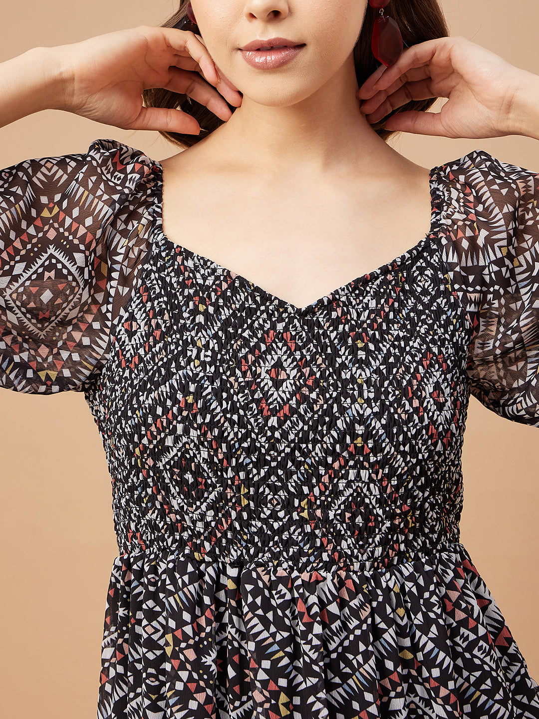 Gipsy Women Black Print Chiffon Bishop Sleeve Sweetheart Neck Dress
