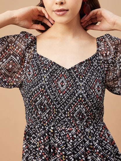 Gipsy Women Black Print Chiffon Bishop Sleeve Sweetheart Neck Dress