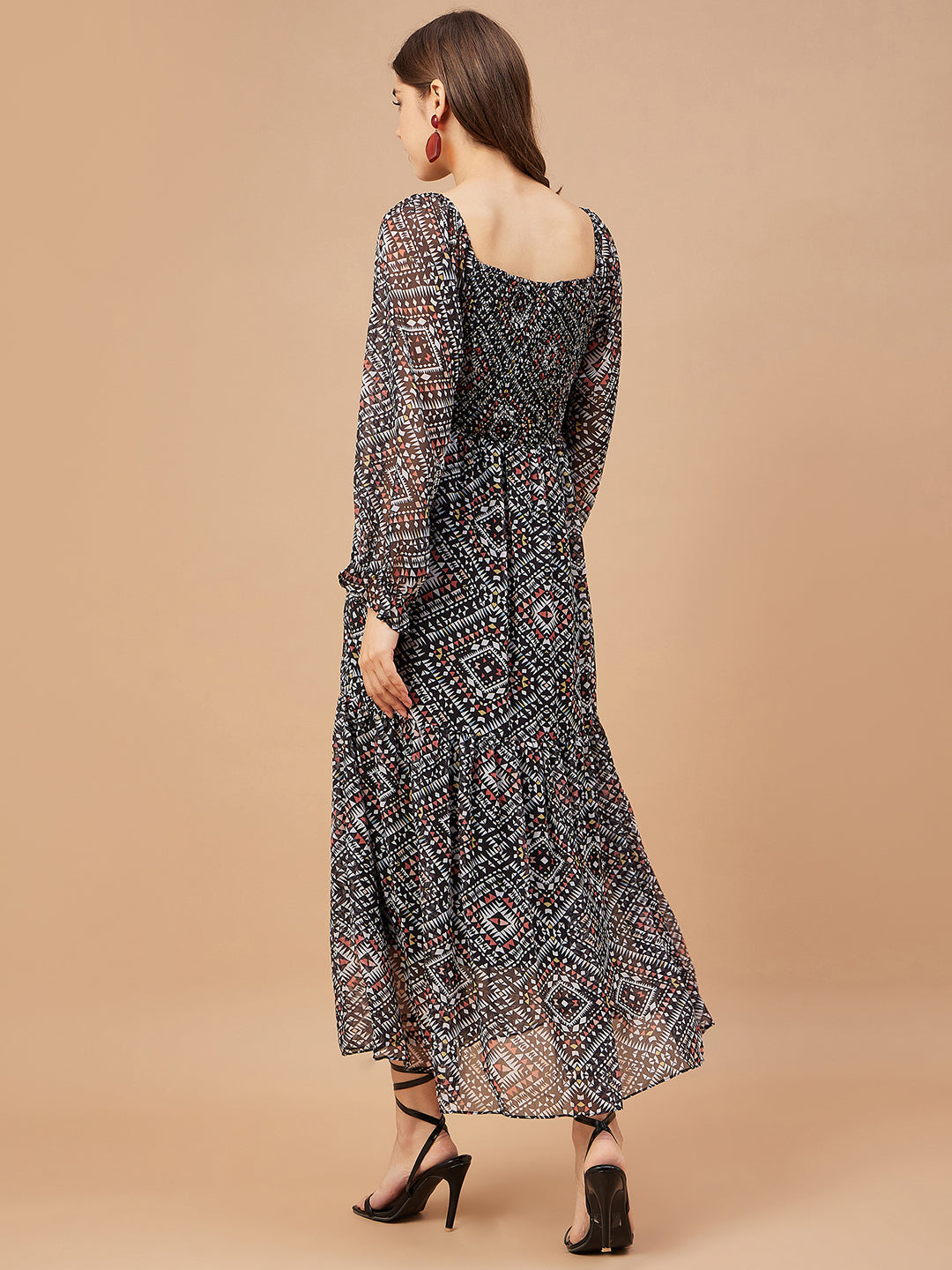 Gipsy Women Black Print Chiffon Bishop Sleeve Sweetheart Neck Dress