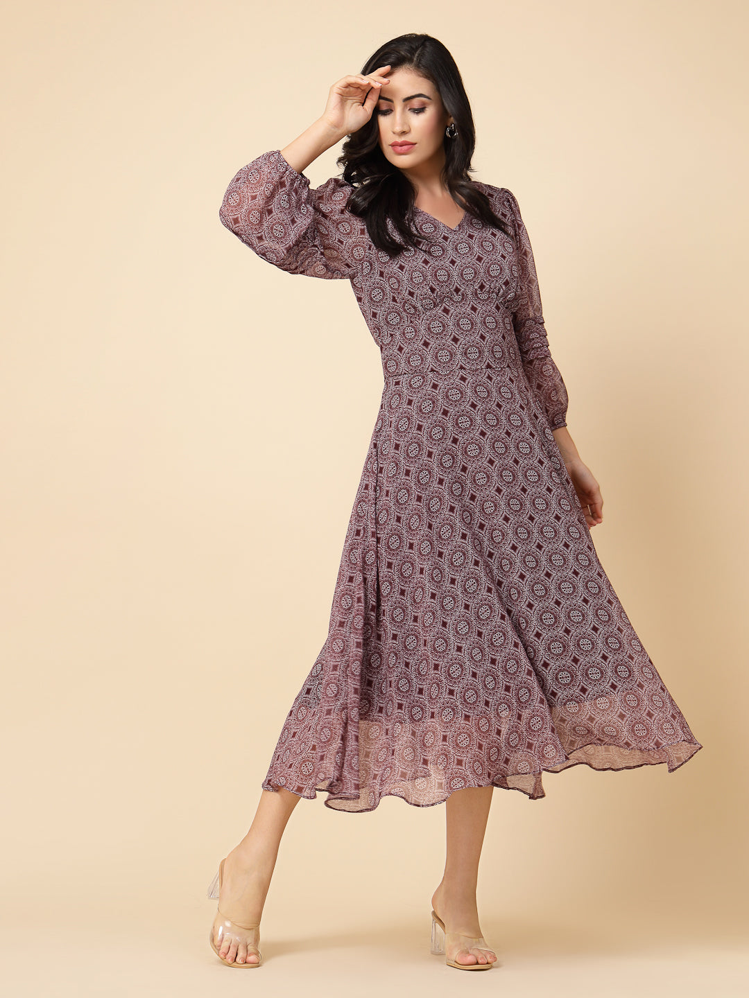 Gipsy Women Burgandy Printed Chiffon Puffed 3/4 Sleeve V Neck Maxi Dress