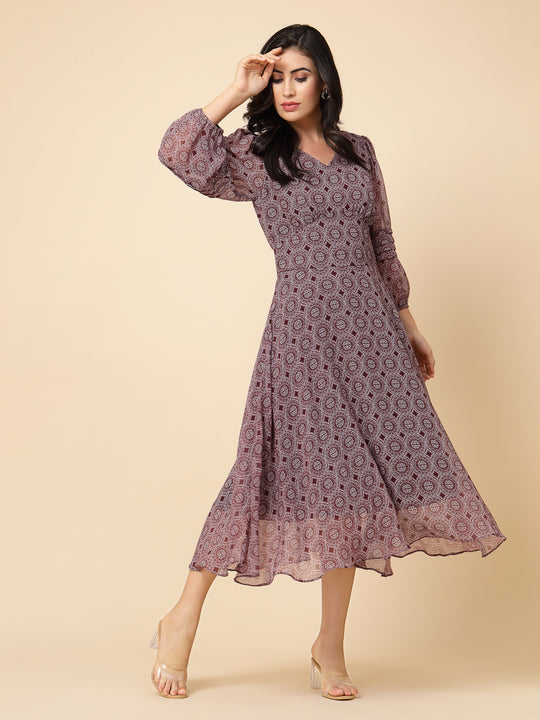 Gipsy Women Burgandy Printed Chiffon Puffed 3/4 Sleeve V Neck Maxi Dress