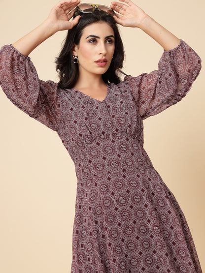 Gipsy Women Burgandy Printed Chiffon Puffed 3/4 Sleeve V Neck Maxi Dress