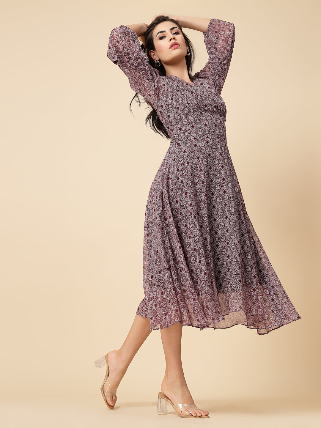 Gipsy Women Burgandy Printed Chiffon Puffed 3/4 Sleeve V Neck Maxi Dress