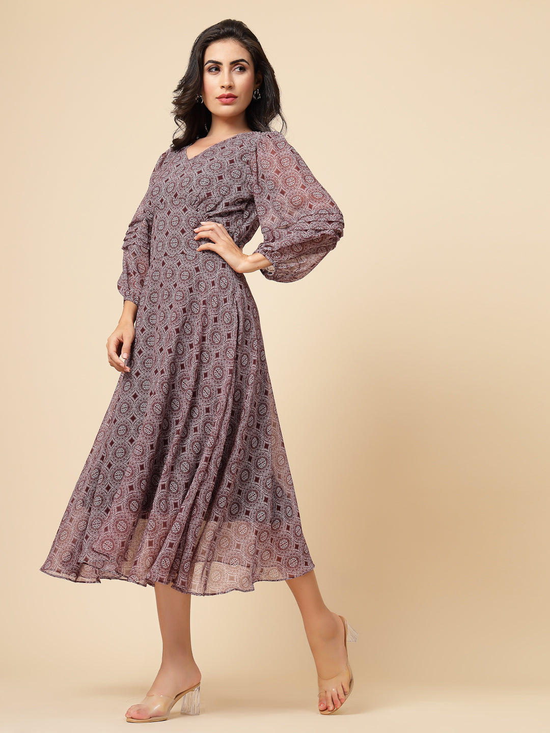 Gipsy Women Burgandy Printed Chiffon Puffed 3/4 Sleeve V Neck Maxi Dress