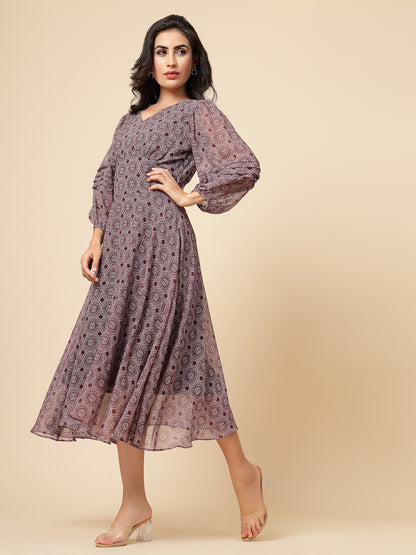 Gipsy Women Burgandy Printed Chiffon Puffed 3/4 Sleeve V Neck Maxi Dress