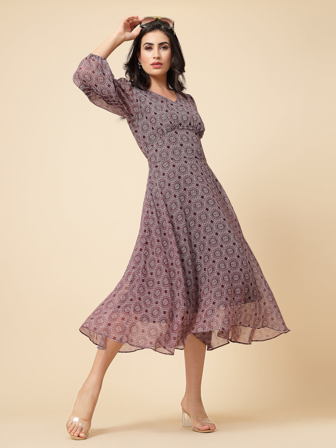 Gipsy Women Burgandy Printed Chiffon Puffed 3/4 Sleeve V Neck Maxi Dress