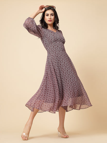 Gipsy Women Burgandy Printed Chiffon Puffed 3/4 Sleeve V Neck Maxi Dress