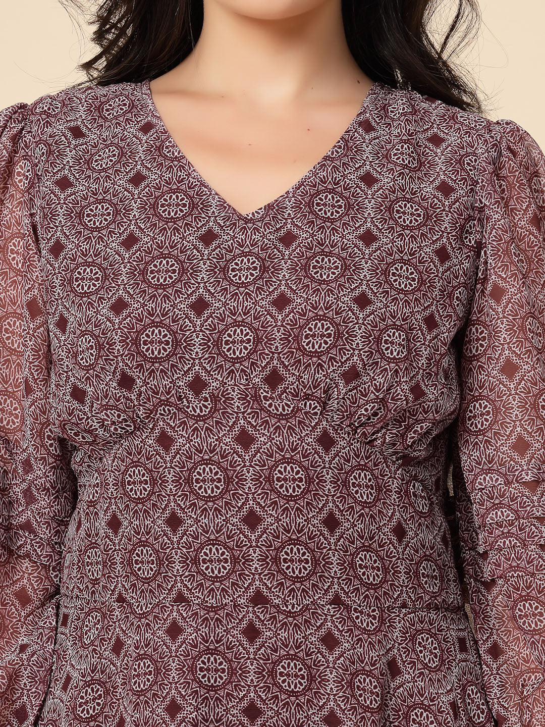 Gipsy Women Burgandy Printed Chiffon Puffed 3/4 Sleeve V Neck Maxi Dress