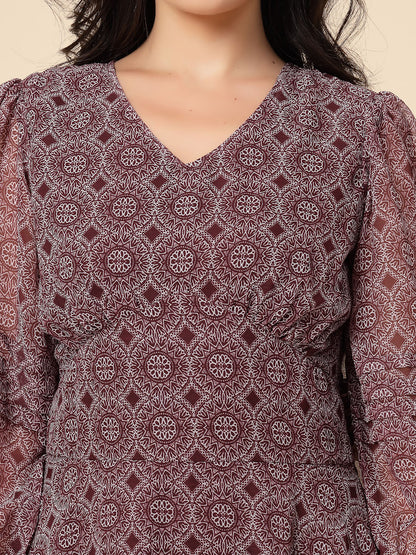 Gipsy Women Burgandy Printed Chiffon Puffed 3/4 Sleeve V Neck Maxi Dress