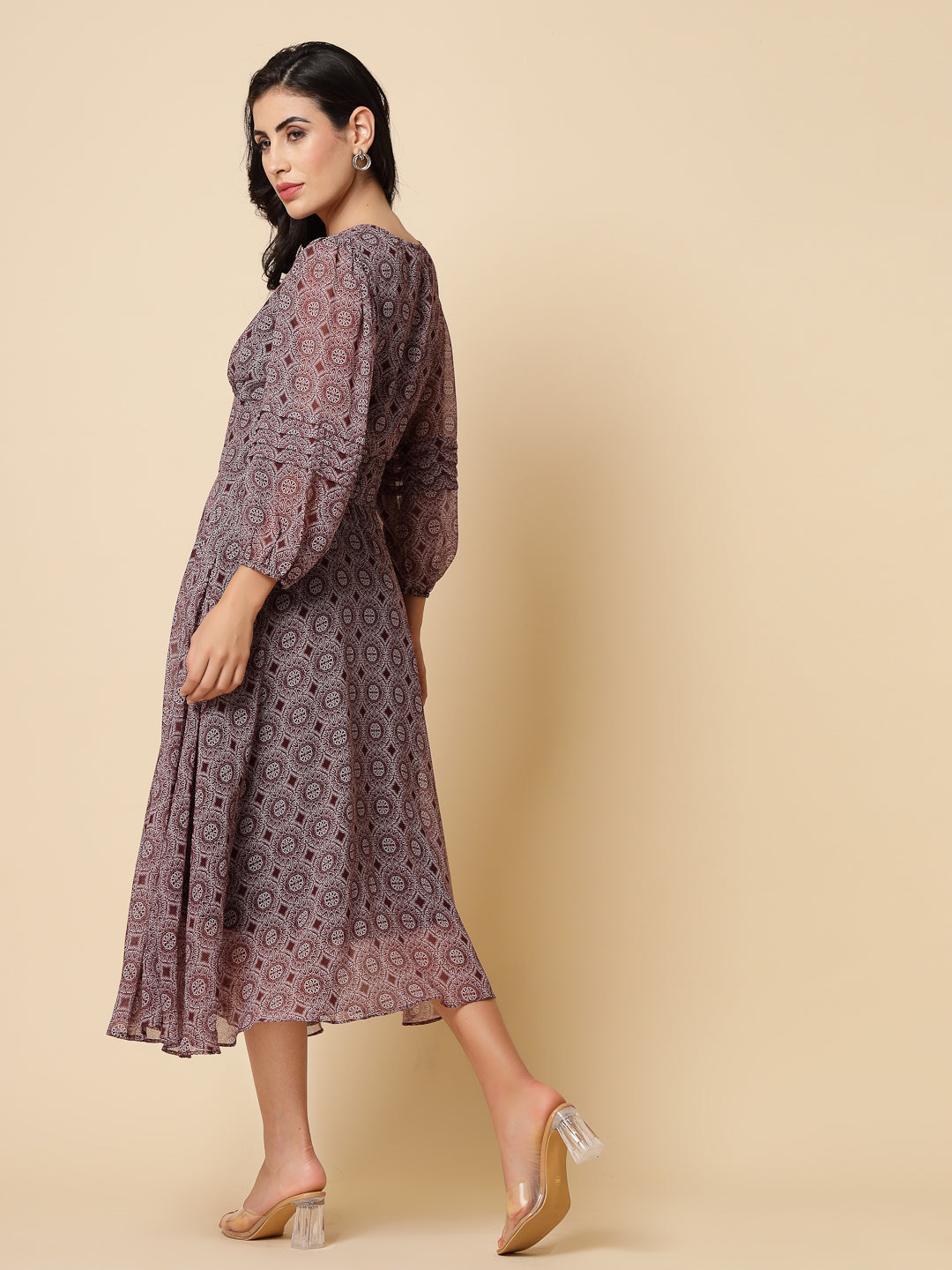 Gipsy Women Burgandy Printed Chiffon Puffed 3/4 Sleeve V Neck Maxi Dress