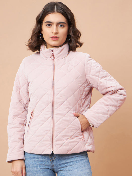 Gipsy Women Stand Collar Straight Full Sleeve Polyester Fabric Pink Jackets
