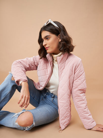Gipsy Women Stand Collar Straight Full Sleeve Polyester Fabric Pink Jackets
