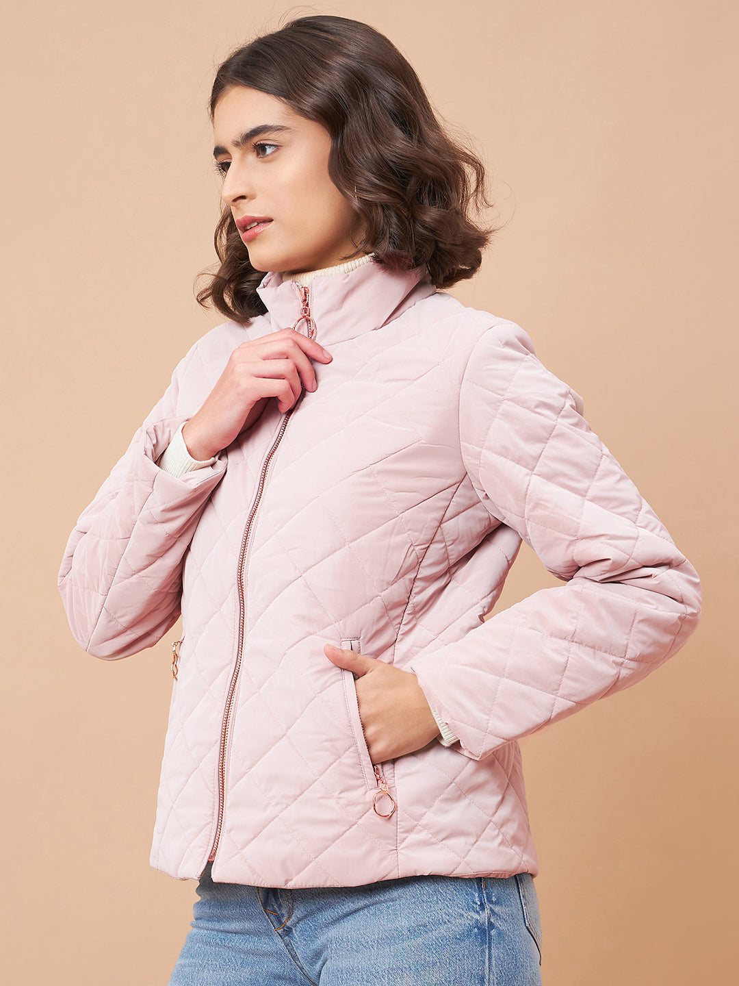 Gipsy Women Stand Collar Straight Full Sleeve Polyester Fabric Pink Jackets