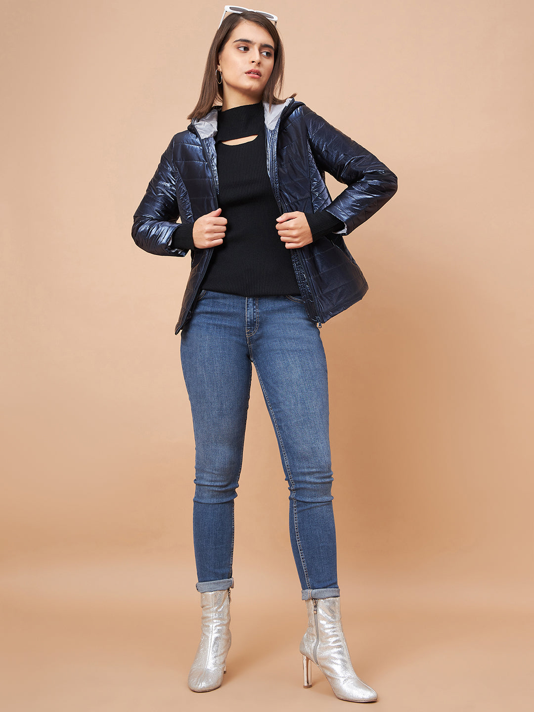 Gipsy Women Hoodie Neck Straight Full Sleeve Polyester Fabric Navy Jackets